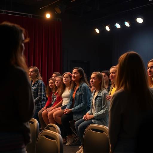 A group of beginning acting students learning basic stage presence and vocal techniques.