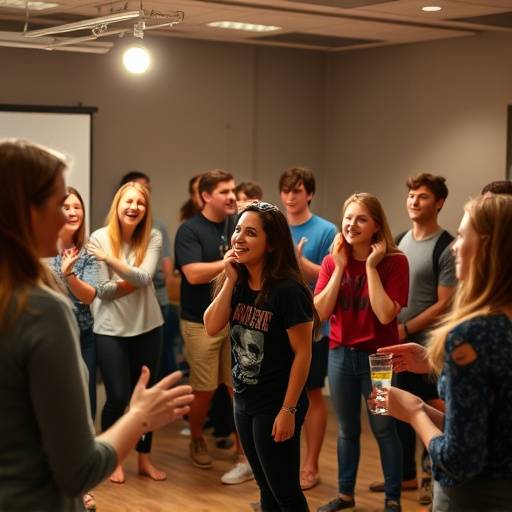 A lively improvisation class where students are actively participating in a comedic exercise.