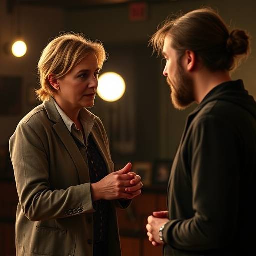 A seasoned acting instructor providing guidance to a student during a scene rehearsal.