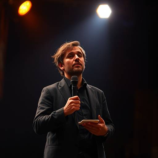 A student actor performing on a fully equipped stage during a final showcase.