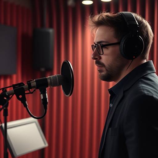 A voice actor working in a professional recording booth, speaking into a microphone with focused expression.