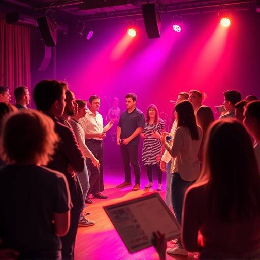 Actors performing an unscripted improvisation scene with energy and enthusiasm in front of an audience.