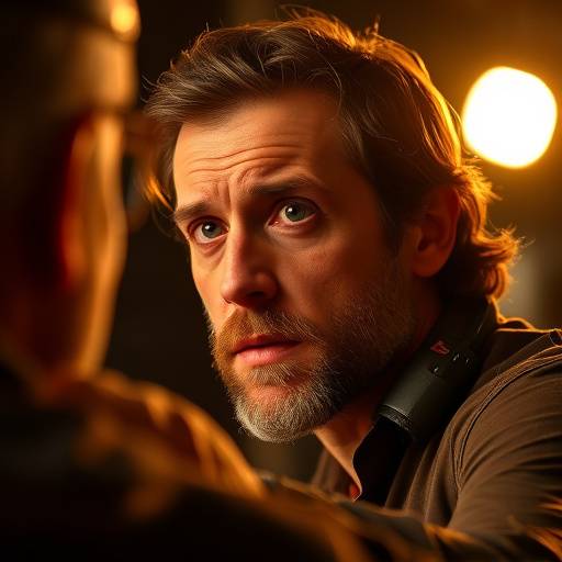 An actor deeply immersed in method acting, preparing for a role through emotional recall exercises.