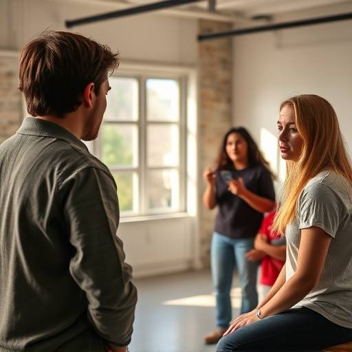 Students practicing various acting techniques in a classroom setting.